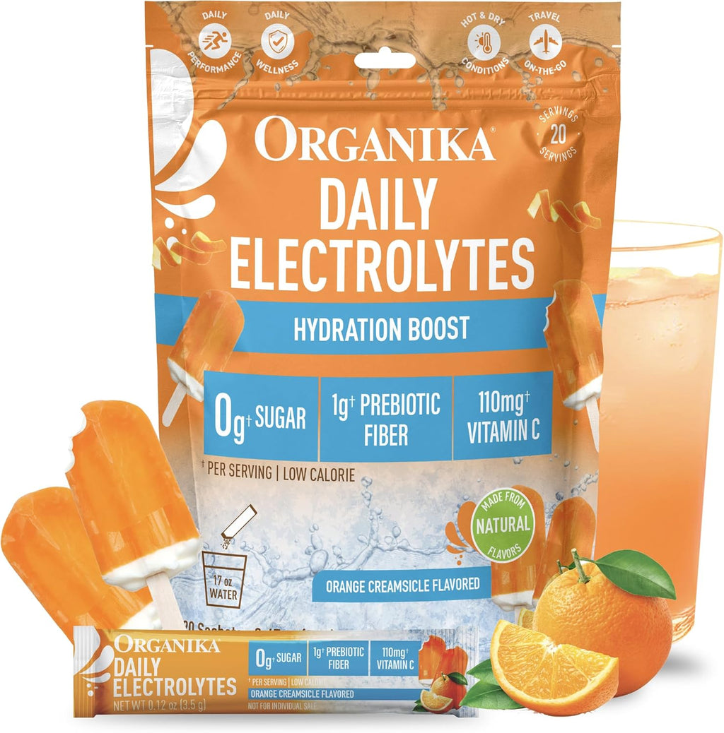 Organika Electrolytes Powder- Orange Creamsicle Sachets- On-the-Go, Sugar-Free Hydration and Electrolyte Replenishment with Prebiotics and Vitamin C- 20 Servings