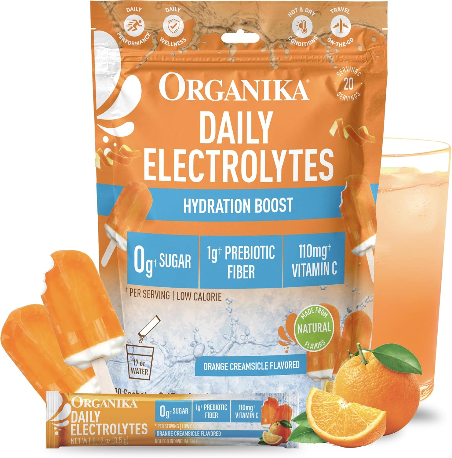 Organika Electrolytes Powder- Orange Creamsicle Sachets- On-the-Go, Sugar-Free Hydration and Electrolyte Replenishment with Prebiotics and Vitamin C- 20 Servings
