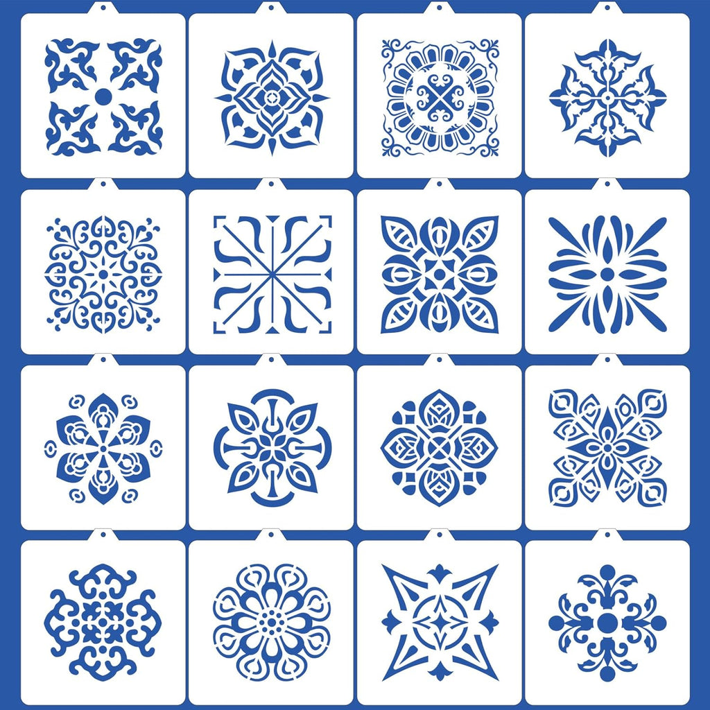 16 Pcs Scroll Tile Cookie Stencils, 5.5"x5.5" Floral Baking Stencils for Royal Icing, Cake Decorating Pattern DIY Mold Tools for Biscuit, Dessert, Coffee
