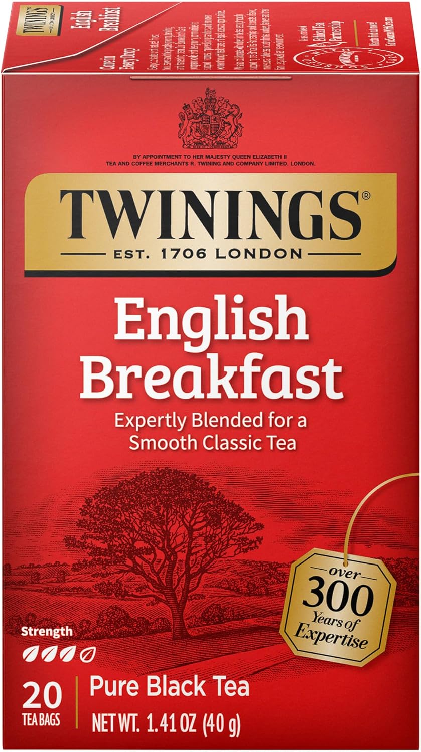 Twinings English Breakfast Black Tea Individually Wrapped Bags, 20 Count (Pack of 1), Flavourful, Robust, Caffeinated, Enjoy Hot or Iced, 20 Teabags