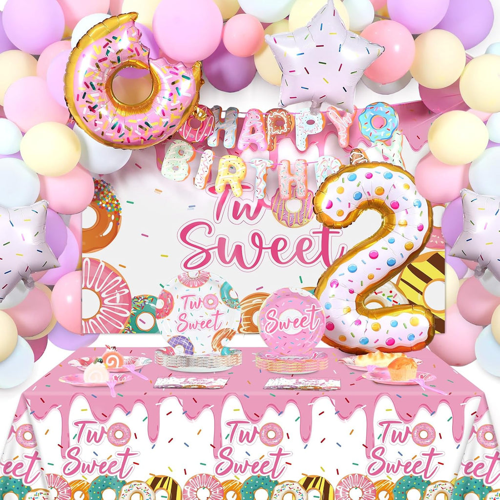 ZOiiWA 143Pcs Two Sweet Birthday Party Decorations Girls Donut tableware Set Sweet Donut 2nd Party Plates Napkins Backdrop Tablecloth Banner Balloons for Baby Girls 2 Years Old Birthday Party Supplies