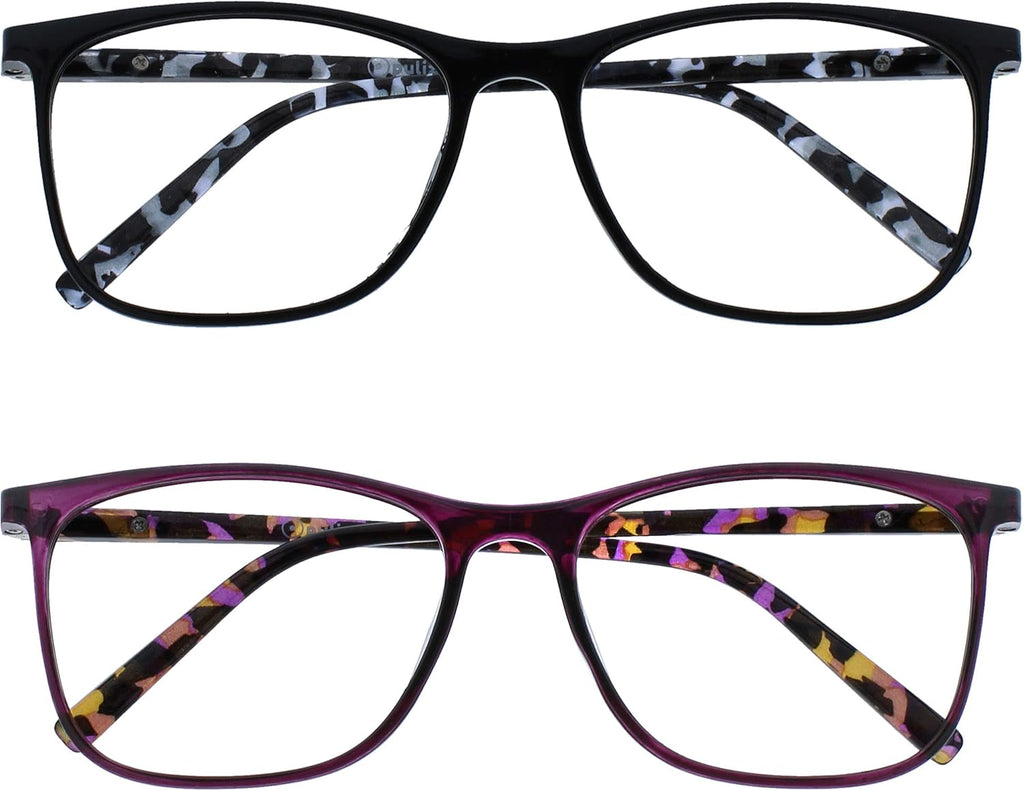 OPULIZE ARC Large Reading glasses for Women Men,Scratch Resistant Rectangular frame with Spring Hinges, Black, Purple +1 (Pack of 2)