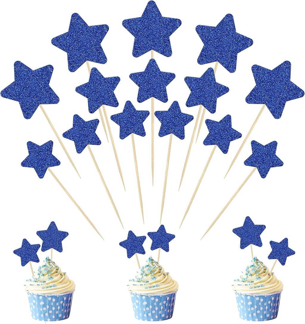 30 Pcs Star Cupcake Toppers, Mixed Size Glitter Starlet Cake Decorations for Various Birthday Party Cake Decoration Supplies - Dark Blue
