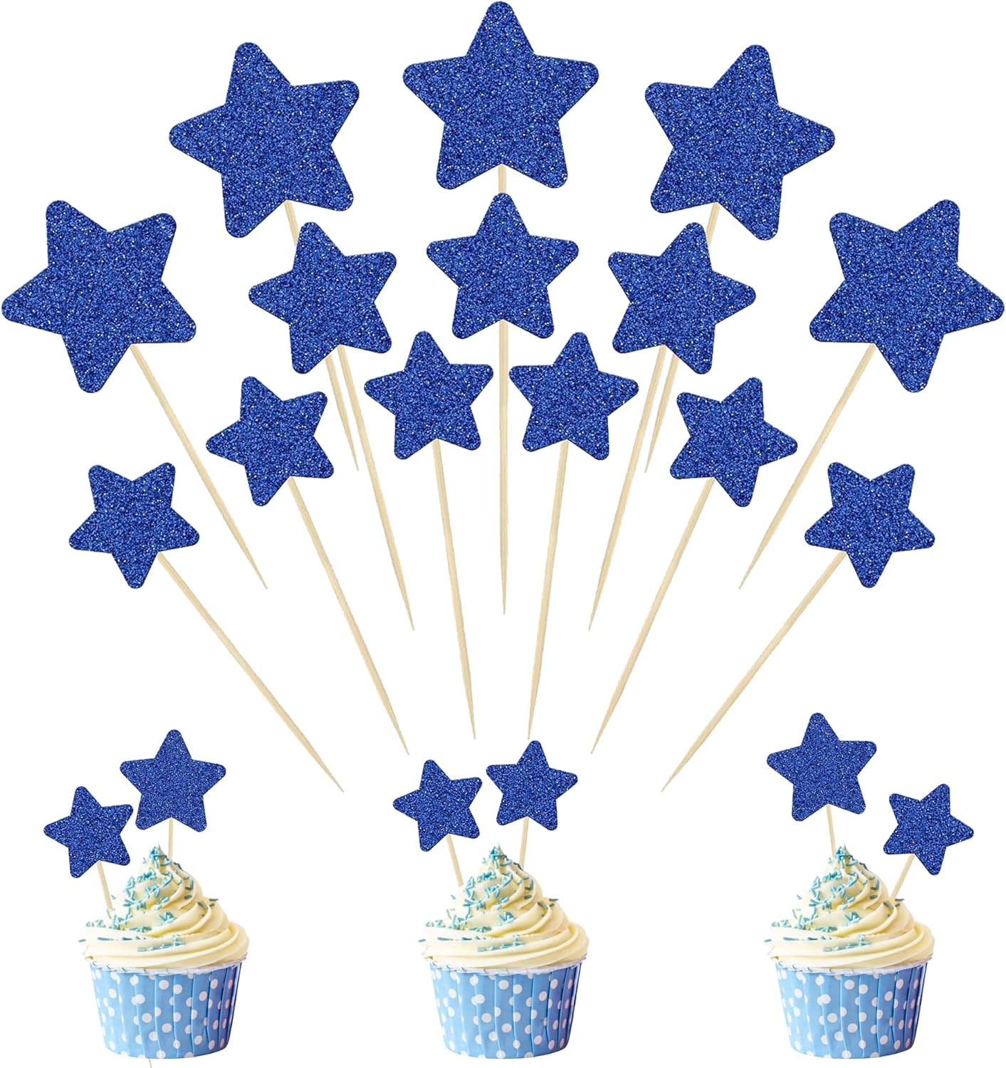 30 Pcs Star Cupcake Toppers, Mixed Size Glitter Starlet Cake Decorations for Various Birthday Party Cake Decoration Supplies - Dark Blue