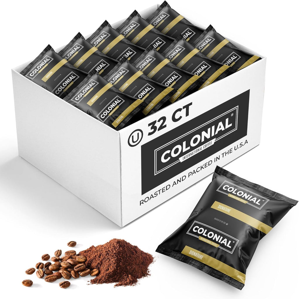 Colonial Coffee 32 Count Single Pot Coffee Packets – 100% Arabica Breakfast Blend Medium Roast | Pre-Measured Frac Packs for 12 Cup Maker | Bulk Ground Gourmet Coffee for Home & Office