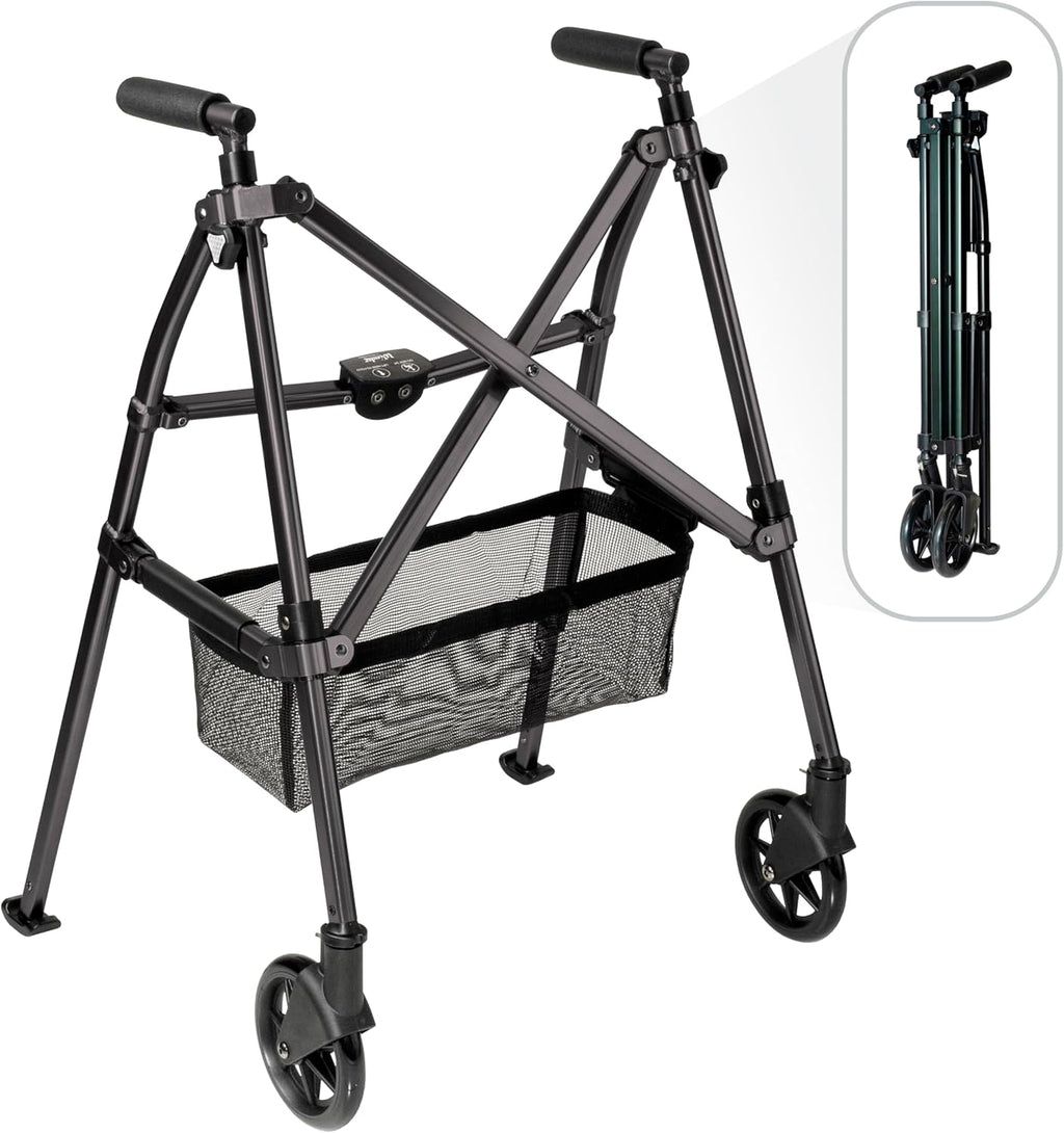 Stander Wonder Walker Plus, Lightweight Folding Mobility Aid for Adults, Seniors, and Elderly, Collapsible Travel EZ Fold-N-Go with Wheels, Glides, & Basket, Matte Black