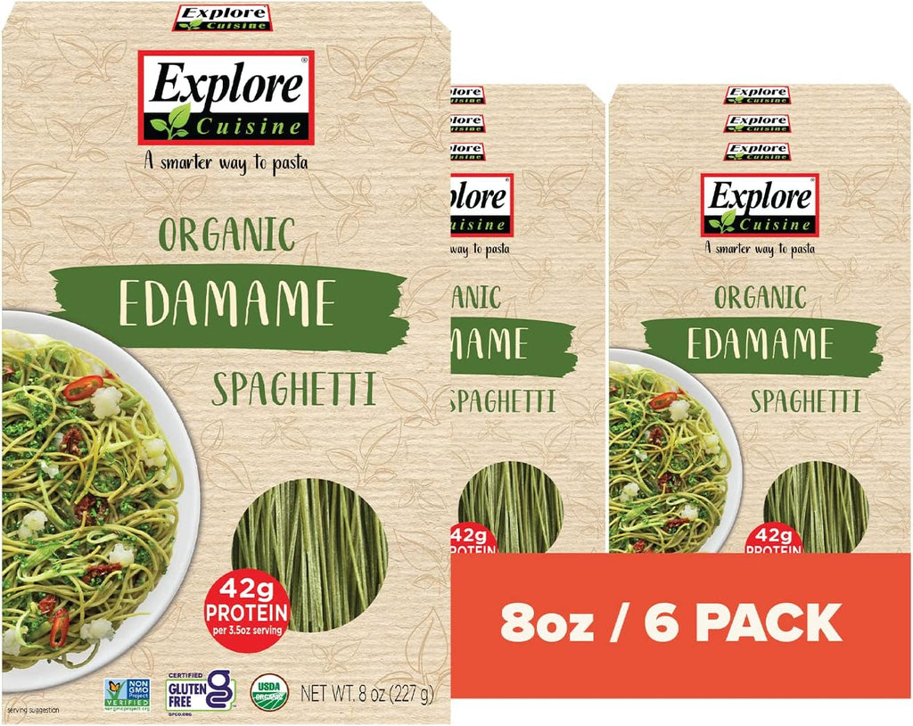 Explore Cuisine Organic Edamame Spaghetti - Pack of 6 (8 oz) - Easy-to-Make Gluten Free Pasta - High in Plant Protein & Fiber - Vegan, Keto Friendly, Non- GMO - 24 Total Servings