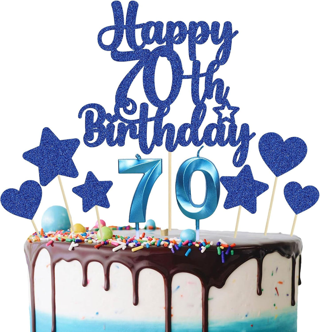 Gyufise 15Pcs Happy 70th Birthday Cake Topper Set with Heart Star Glitter Cheers to 70 Years Cake Picks Number 70 Candles Cake Decorations for Happy 70th Birthday Anniversary Party Supplies Blue