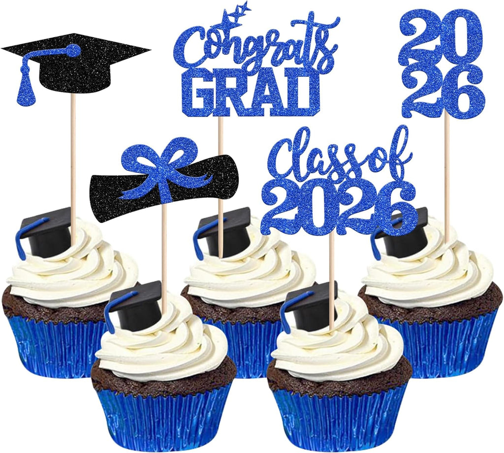 40 PCS 2026 Graduation Theme Cupcake Toppers Glitter Class of 2026 Graduation Cap Cupcake Picks Diploma 2026 Congrats Grad Cake Decorations for 2026 Graduation Theme Party Decor Supplies Dark Blue