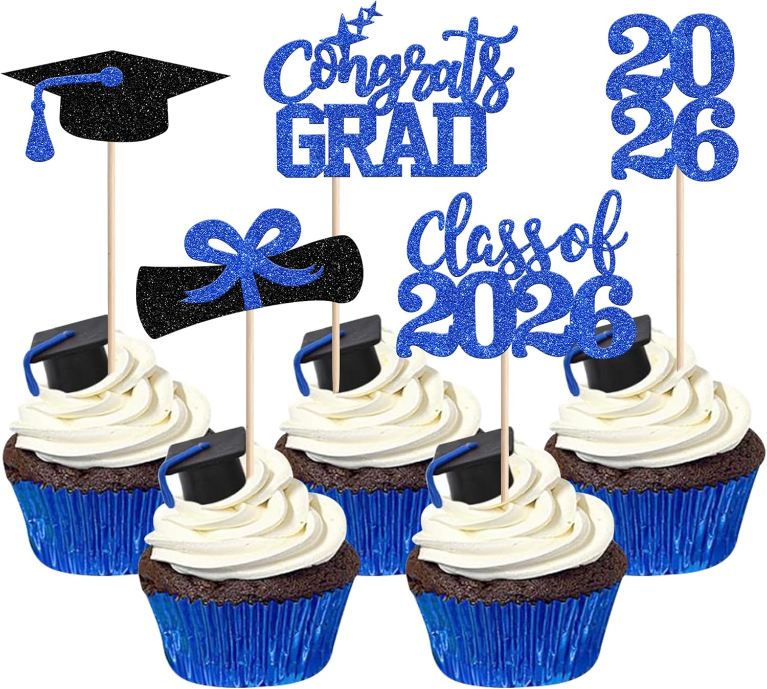 40 PCS 2026 Graduation Theme Cupcake Toppers Glitter Class of 2026 Graduation Cap Cupcake Picks Diploma 2026 Congrats Grad Cake Decorations for 2026 Graduation Theme Party Decor Supplies Dark Blue