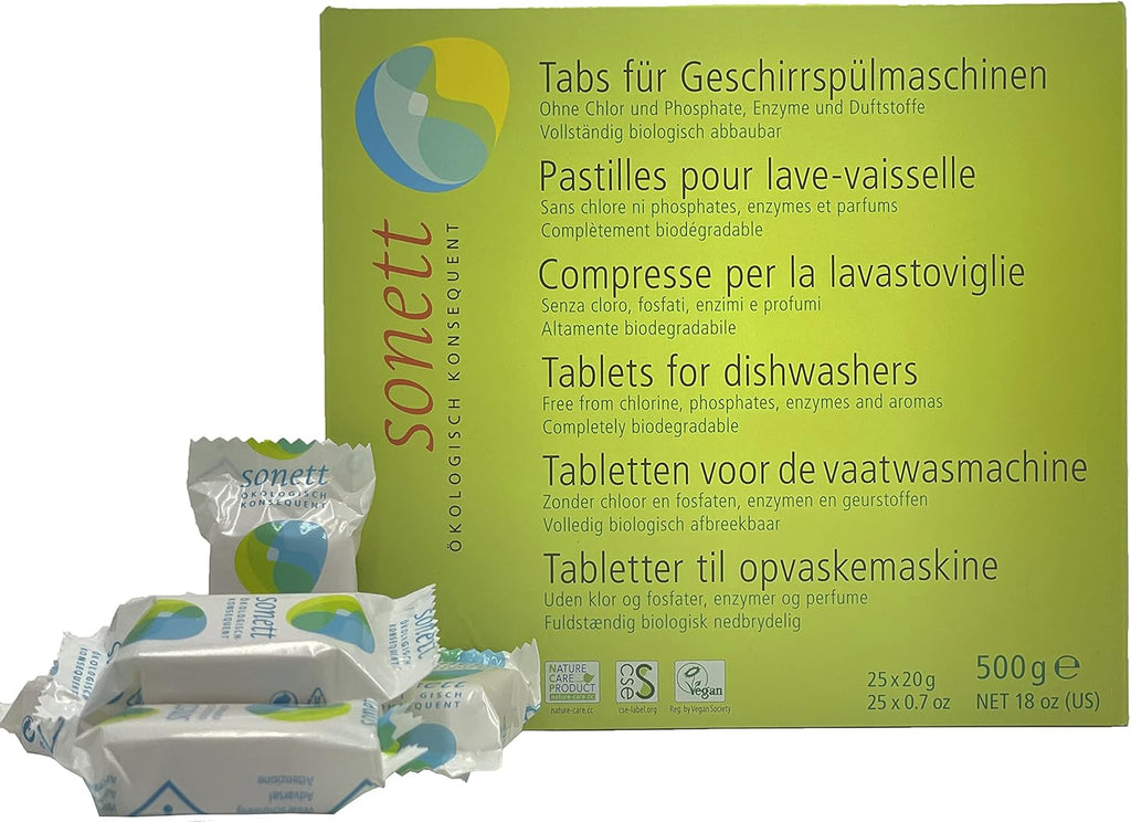 Sonett Organic Dishwasher Tablets 25 Count Deep Clean Dish Tab Fresh Scent 25 tablets x 0.67oz,18 fl.oz/ 500gr (1 Count)