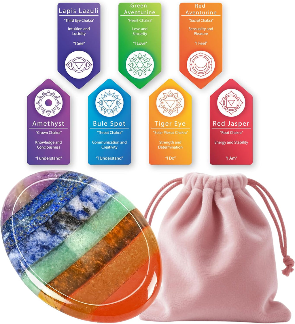 Chakra Worry Stones, Hand Polished Natural Thumb Worry Stones-Red Jasper, Red Aventurine, Tiger's Eye, Green Aventurine, Blue Spot, Lapis Lazuli, Amethyst for Meditation & Anxiety Relief 1.8"-Oval
