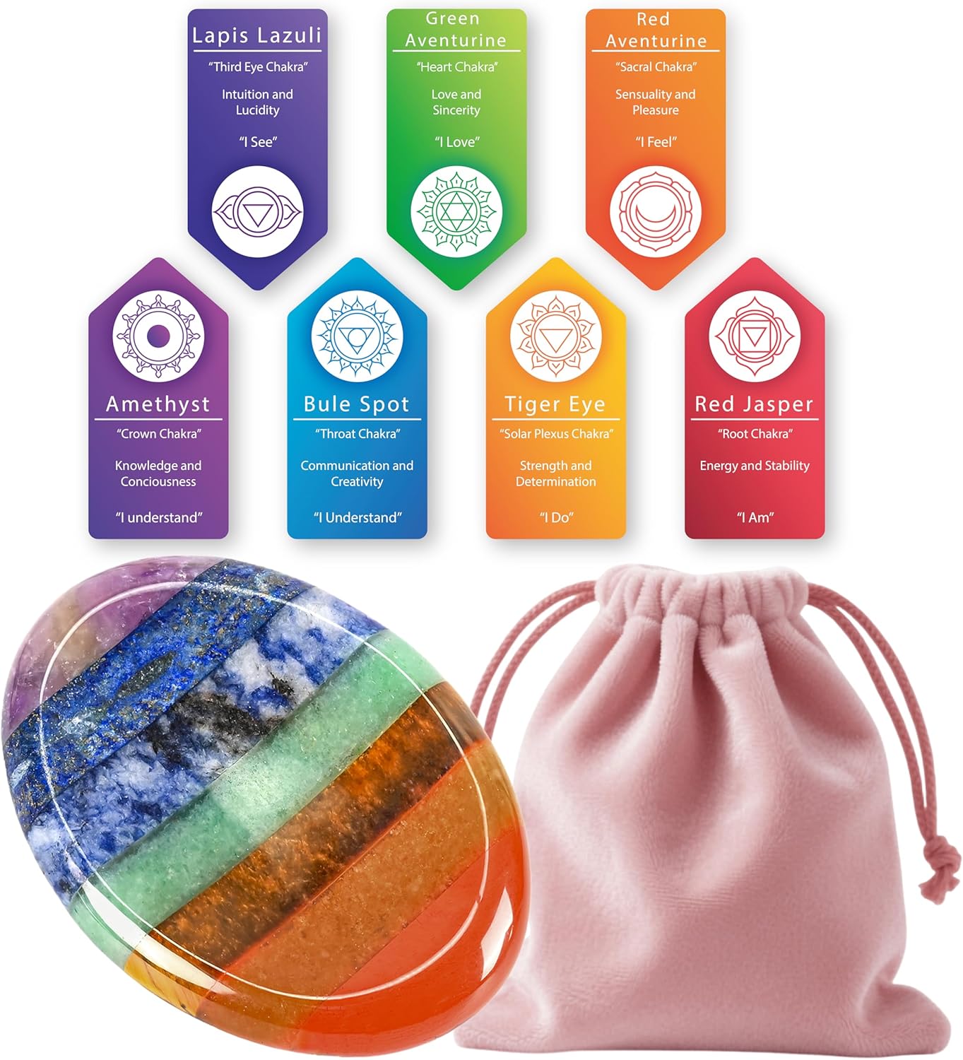 Chakra Worry Stones, Hand Polished Natural Thumb Worry Stones-Red Jasper, Red Aventurine, Tiger's Eye, Green Aventurine, Blue Spot, Lapis Lazuli, Amethyst for Meditation & Anxiety Relief 1.8"-Oval