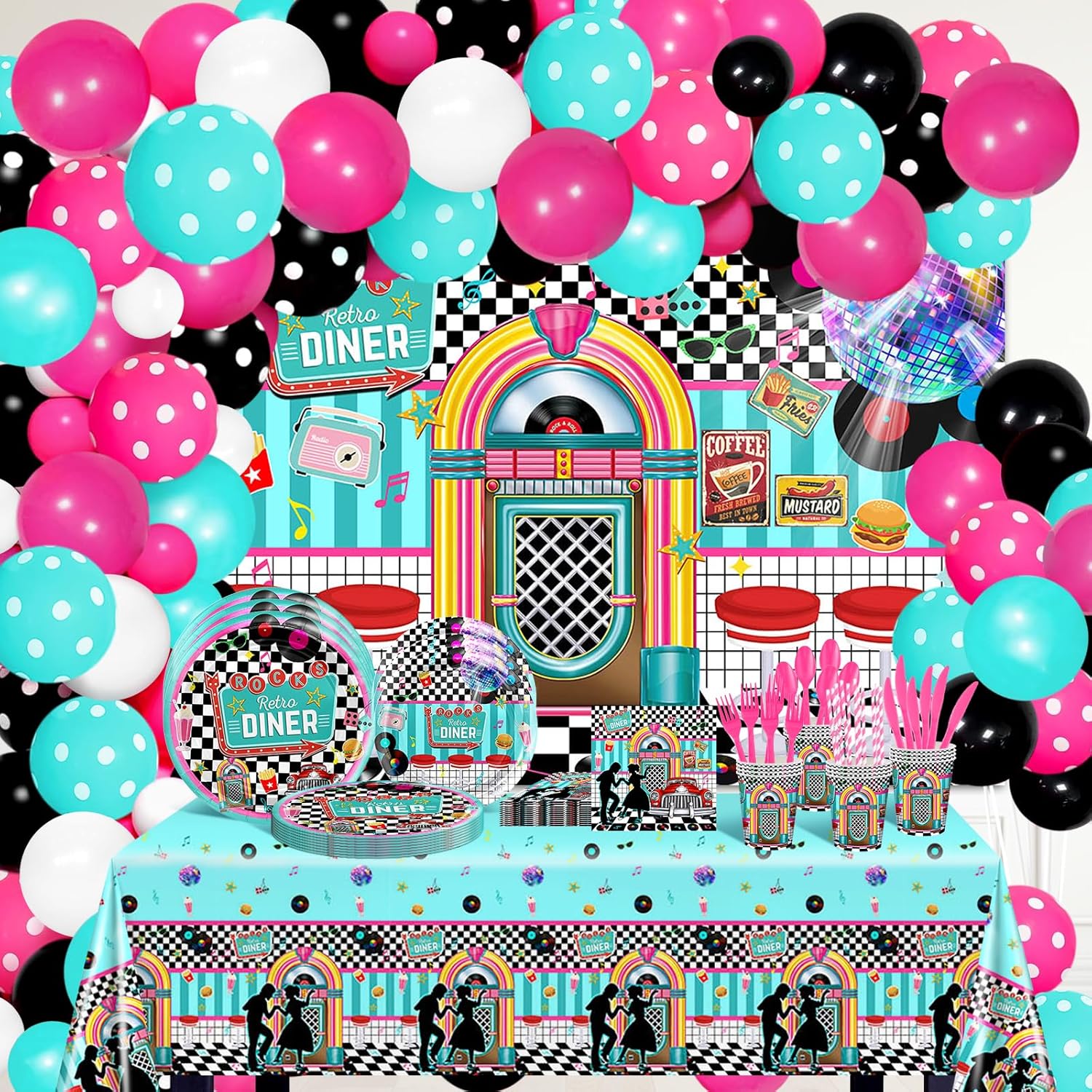 50s Party Decorations 280 PCS 1950s Retro Diner Decorations Sock Hop Backdrop Balloons Plates Napkins Cups Tablecloth Grease Music Party Supplies Serve 24