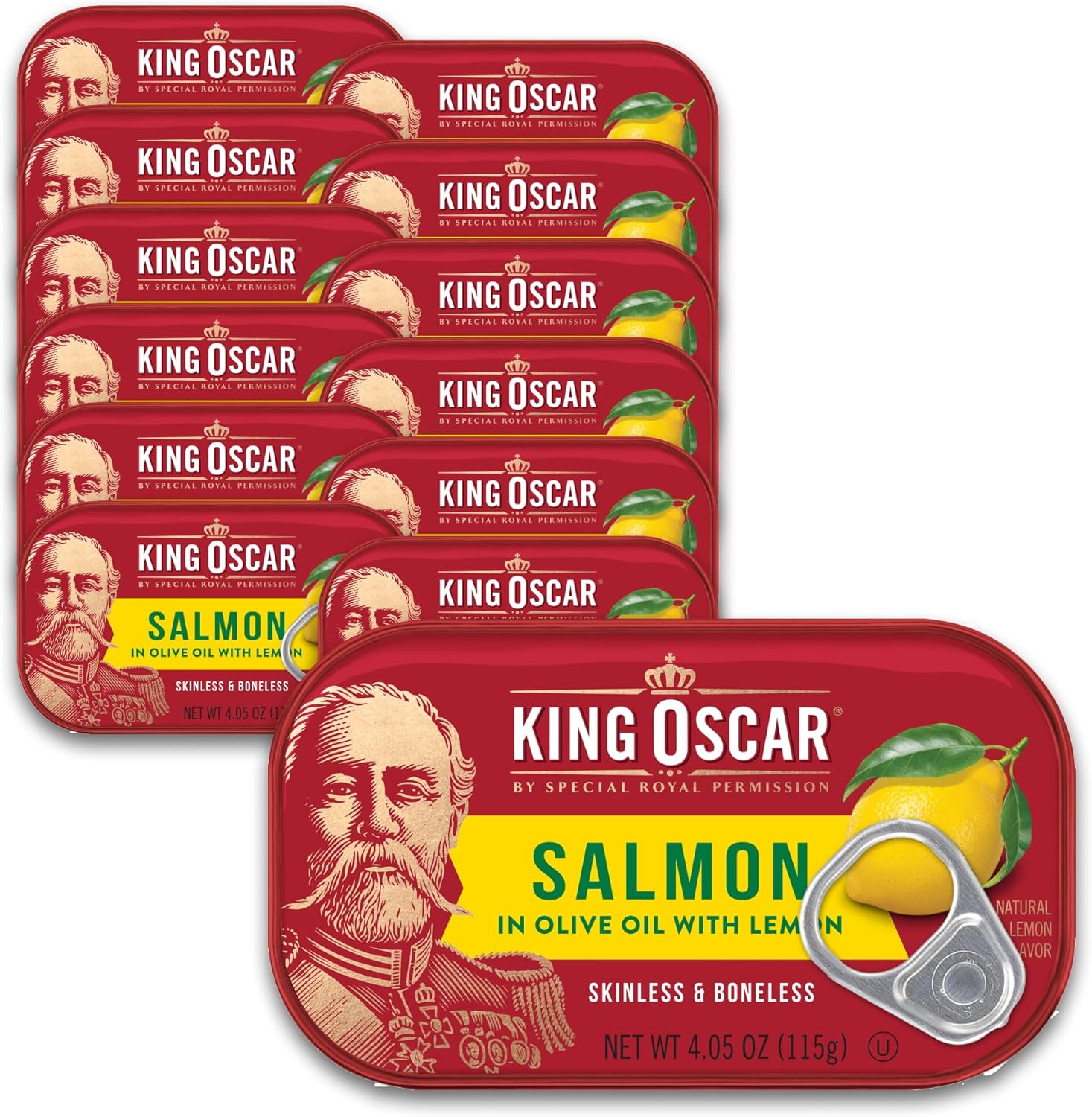 King Oscar Premium Salmon in Olive Oil with Lemon, 4.05-Ounce Cans (Pack of 12, Packaging May Vary), Skinless & Boneless Salmon