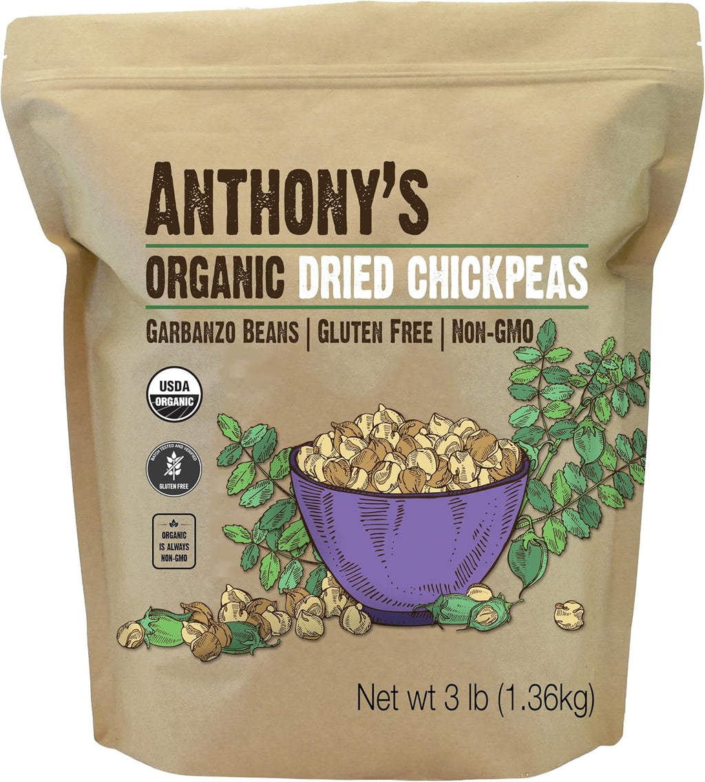 Anthony's Organic Dried Chickpeas, 3 lb, Dry Garbanzo Beans, Gluten Free, Non GMO, Vegan