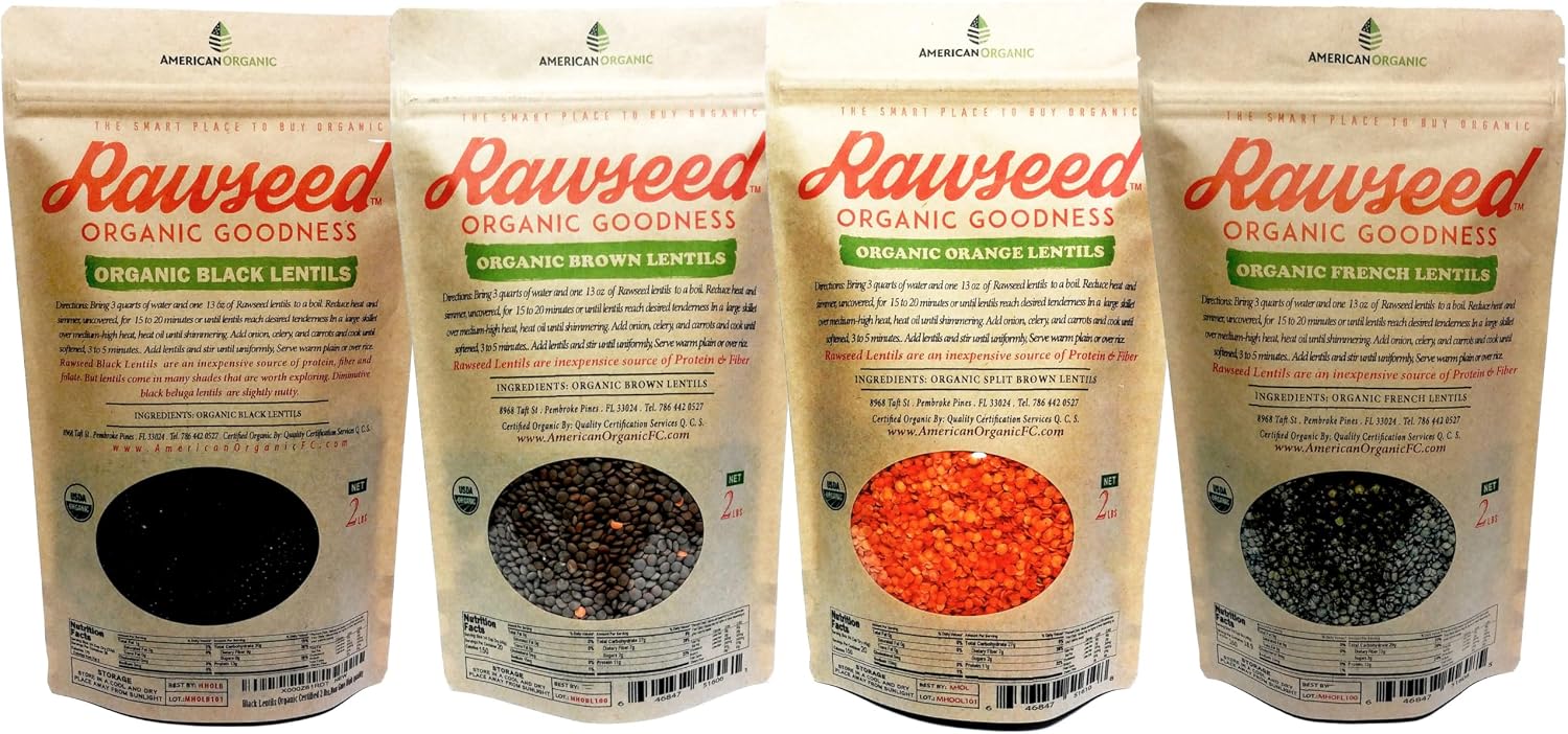 Rawseed Organic Certified lentils Multi-color 2 lb 4 Pack containing: Black, Orange, French, & Brown (1 bag of each). This 4 pack brings in total of 8 lbs of Lentils.
