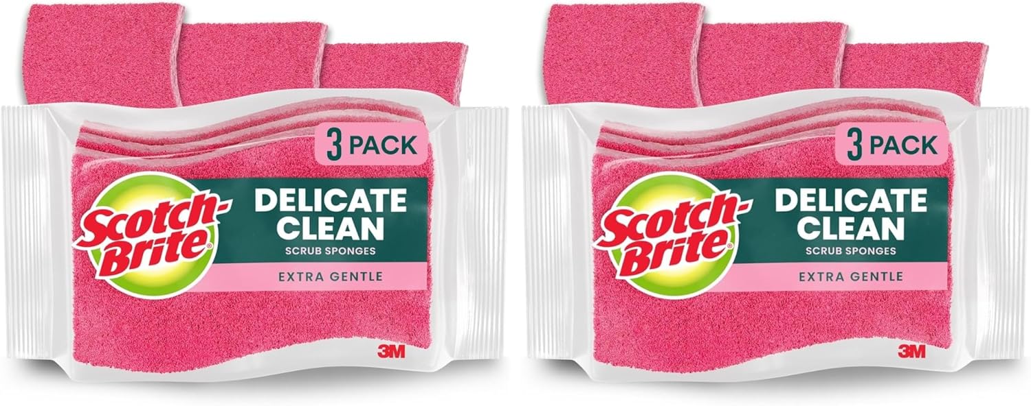 Scotch-Brite Gentle Clean Delicate Scrub Sponges, for Washing Dishes and Cleaning Kitchen, 3 Scrub Sponges (Pack of 2)