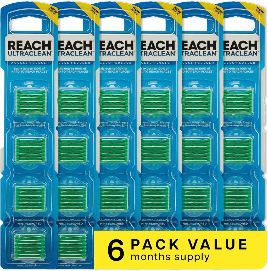 REACH Ultraclean Access Flosser Refill Heads, Mint, Plaque Remover for Teeth, Shred Resistant, for Hard to Reach Areas, Oral Care, PFAS Free, for Adults & Kids, 6 Pack, 28 Count