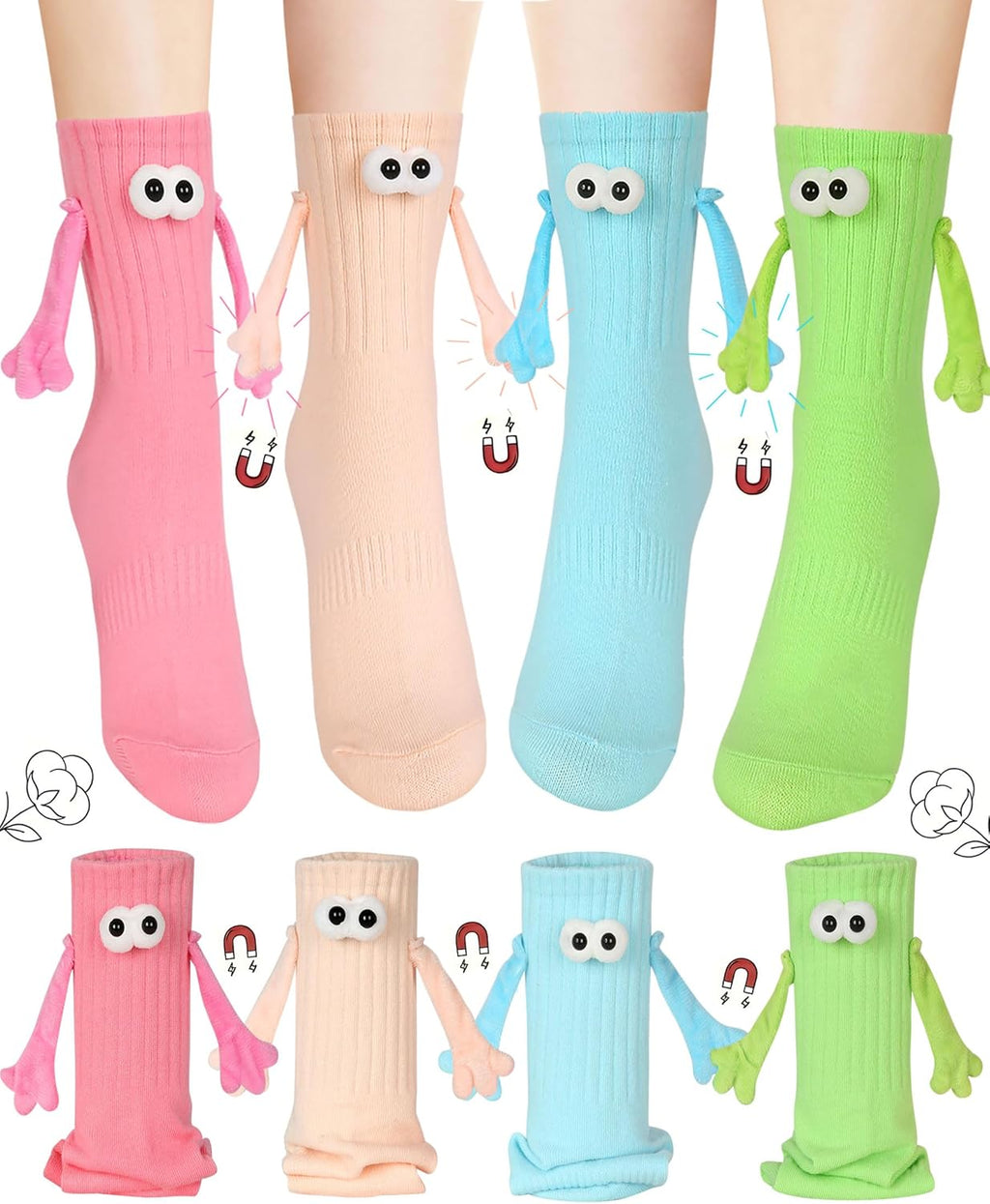 4 Pair Funny Magnetic Holding Hands Socks Funny Valentines Gifts for Her/Him Crazy Sock for Galentine's Day Women