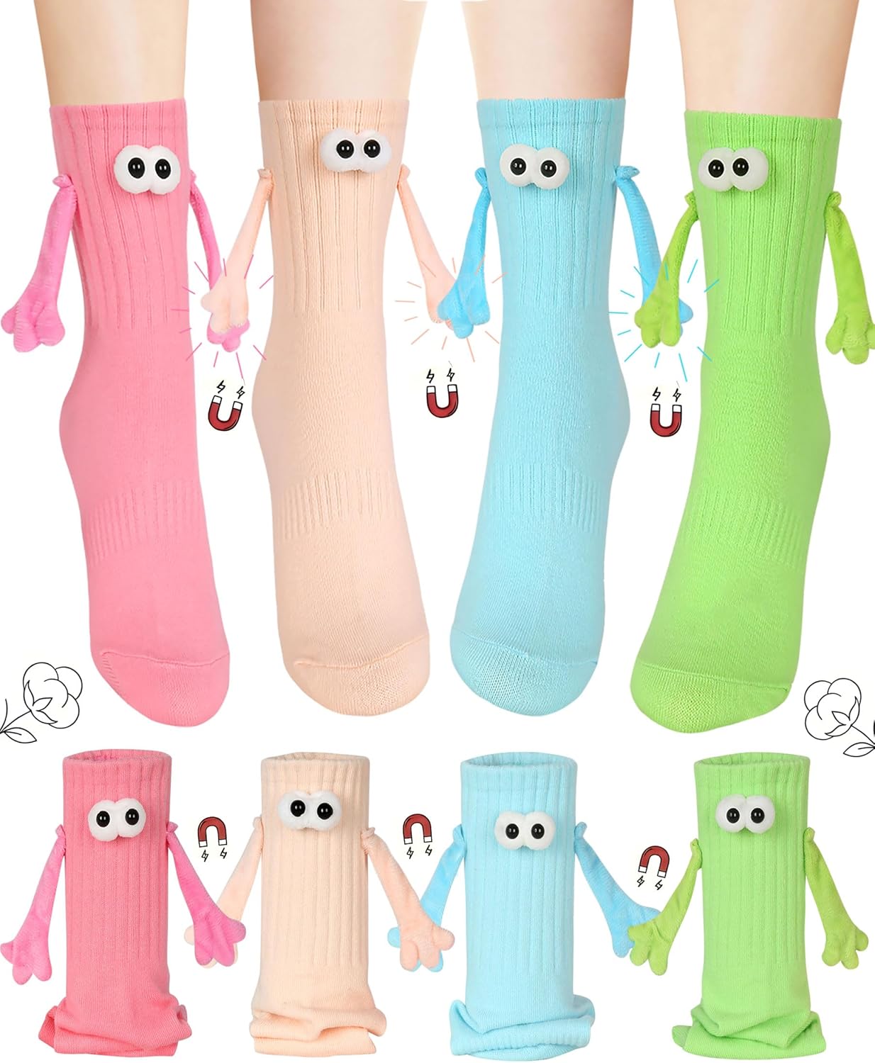 4 Pair Funny Magnetic Holding Hands Socks Funny Valentines Gifts for Her/Him Crazy Sock for Galentine's Day Women