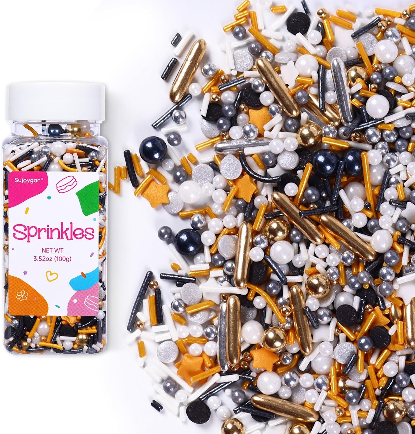 Black Sprinkles for Cake Decorating, 3.52oz Graduation Candy Sprinkles, Metallic Gold and Black Star Sprinkles for Cupcakes Baking Ice Cream Cookies, Wedding Birthday Party Decorations
