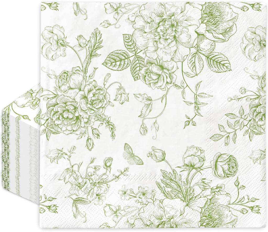 JarThenaAMCS Green Flower Paper Napkins Floral Disposable Napkins Wildflower Square Luncheon Dinner Napkins for Party Supplies Table Decor, 50Pcs