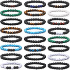 Landical 24 Pcs 8 mm Natural Stone Beads Bracelet Set Tiger Eye Men Stretch Lava Adjustable Onyx Matte Beads Essential Oil Diffuser Bracelet for Men Women Jewelry Gifts