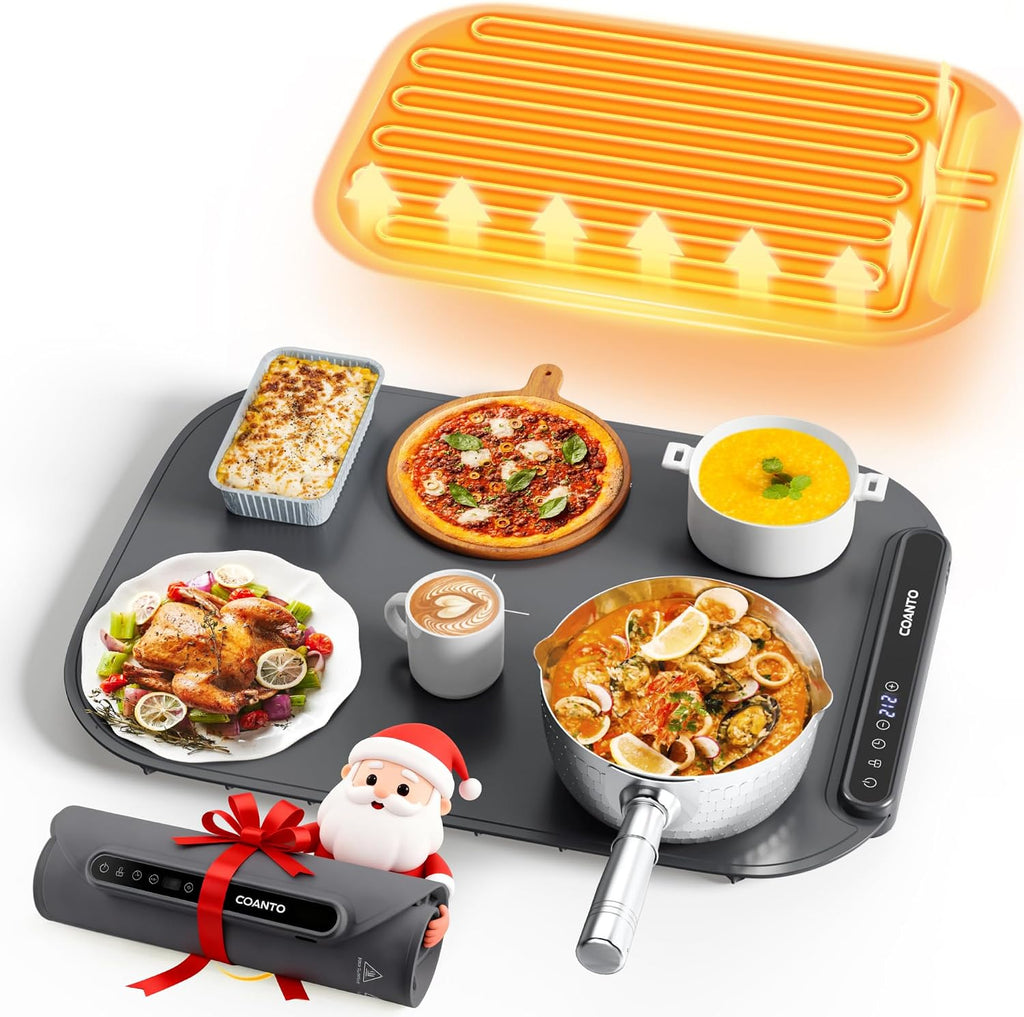 Food Warming Mat, Food Warmers for Parties Buffet, Silicone Heating Mat with 7 Temperature Settings, Roll-Up Storage, 17.91"x12.8", Grey