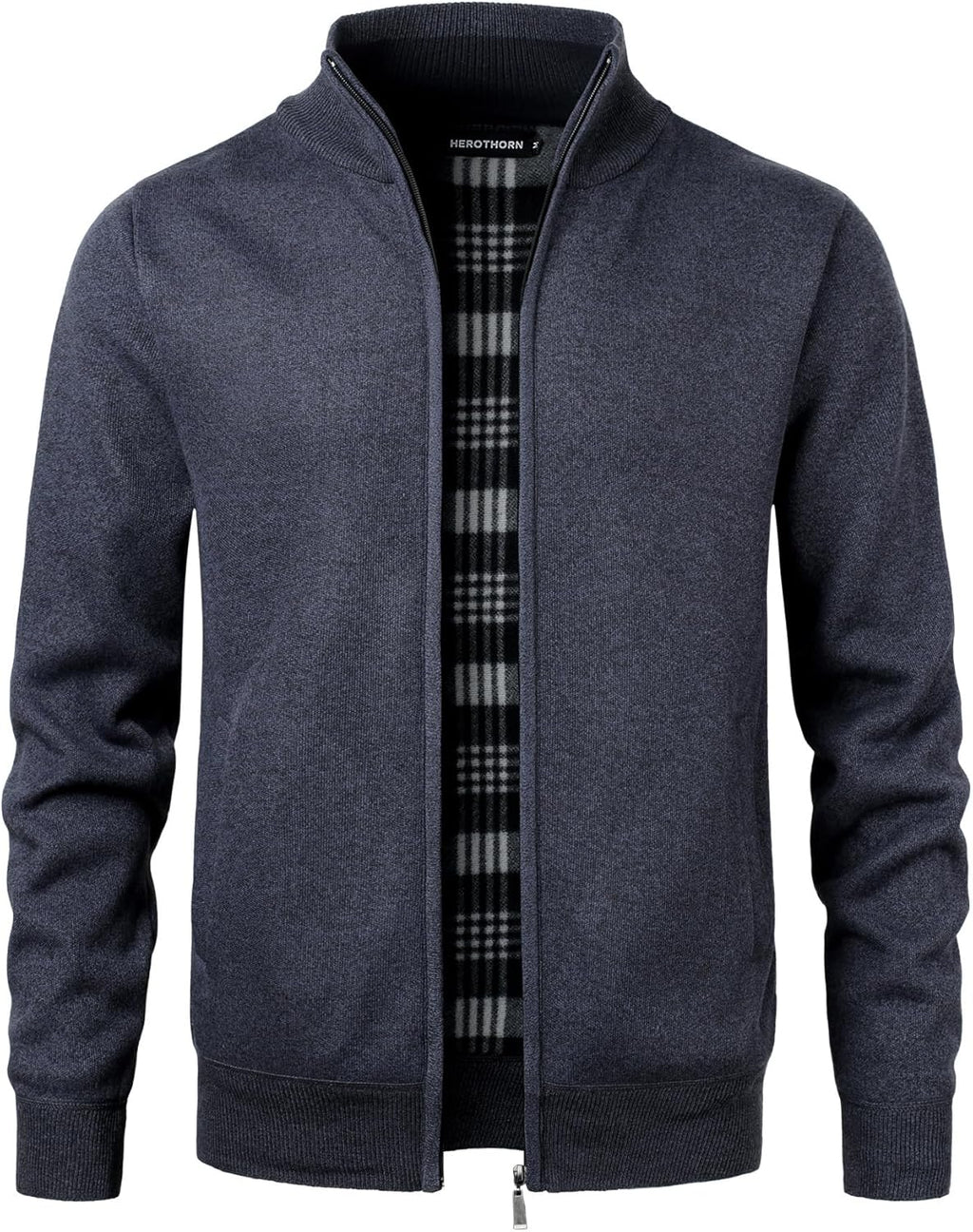 Men's Knitted Cardigan Sweater Fleece Lined Knitwear Stand Collar Jumper Full Zip Outerwear Thin Jacket
