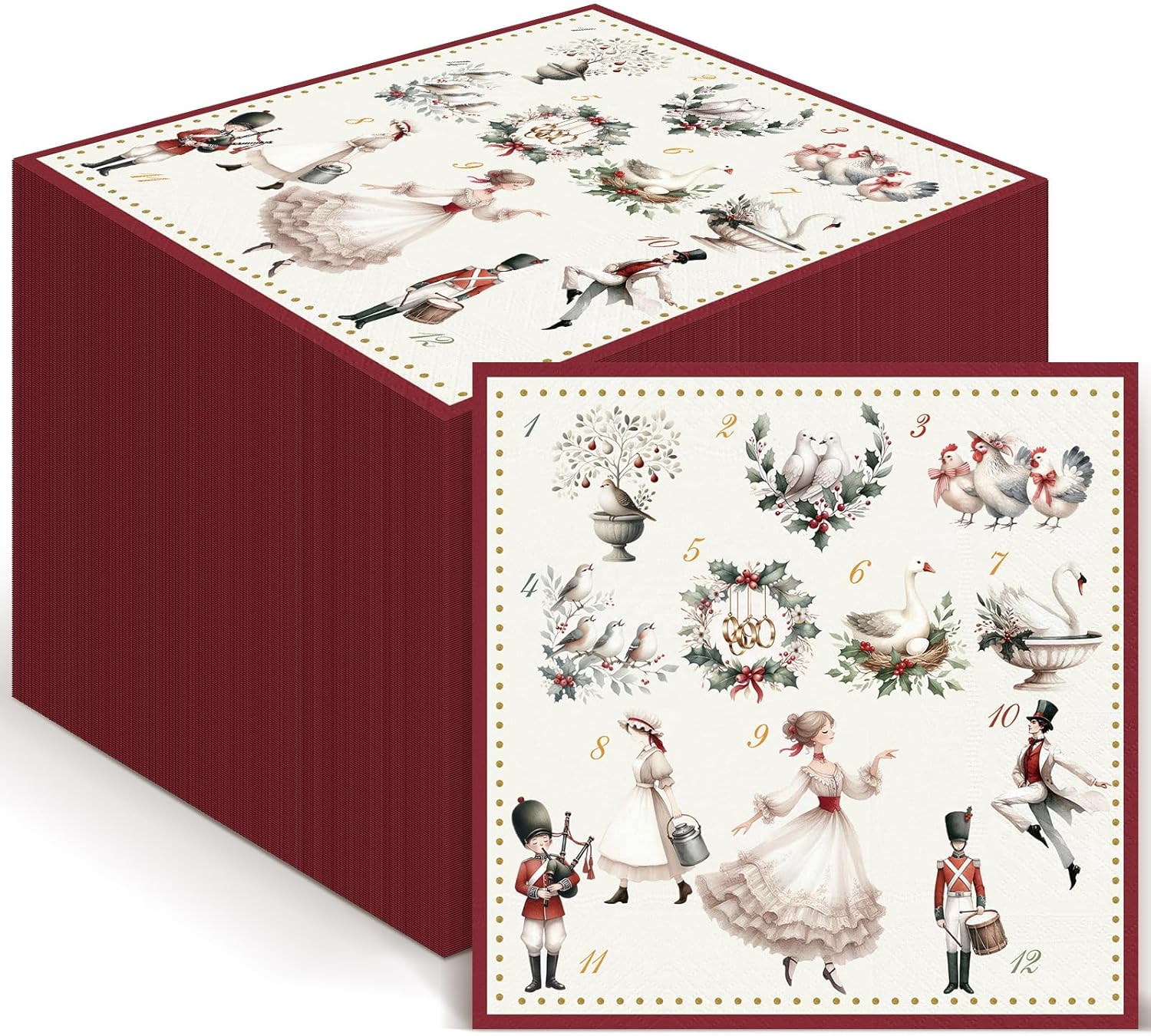100 Pcs 12 Days of Christmas Napkins 2 Ply Decoupage Winter Holiday Cocktail Paper Napkin 5 x 5 Inch Partridge French Hens Gold Rings Disposable Hand Towel for Christmas Table Party Supplies(Red)