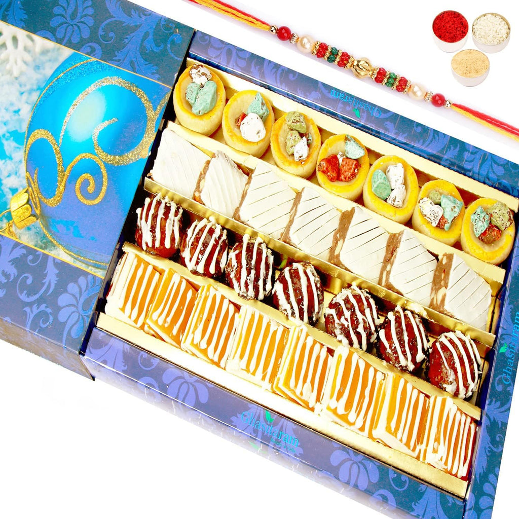 Ghasitaram Gifts Rakhi Gifts for Brothers Rakhi Sweets - Ghasitaram Gifts - Assorted Exotic Cashew Sweets 400 GMS with Beads Rakhi