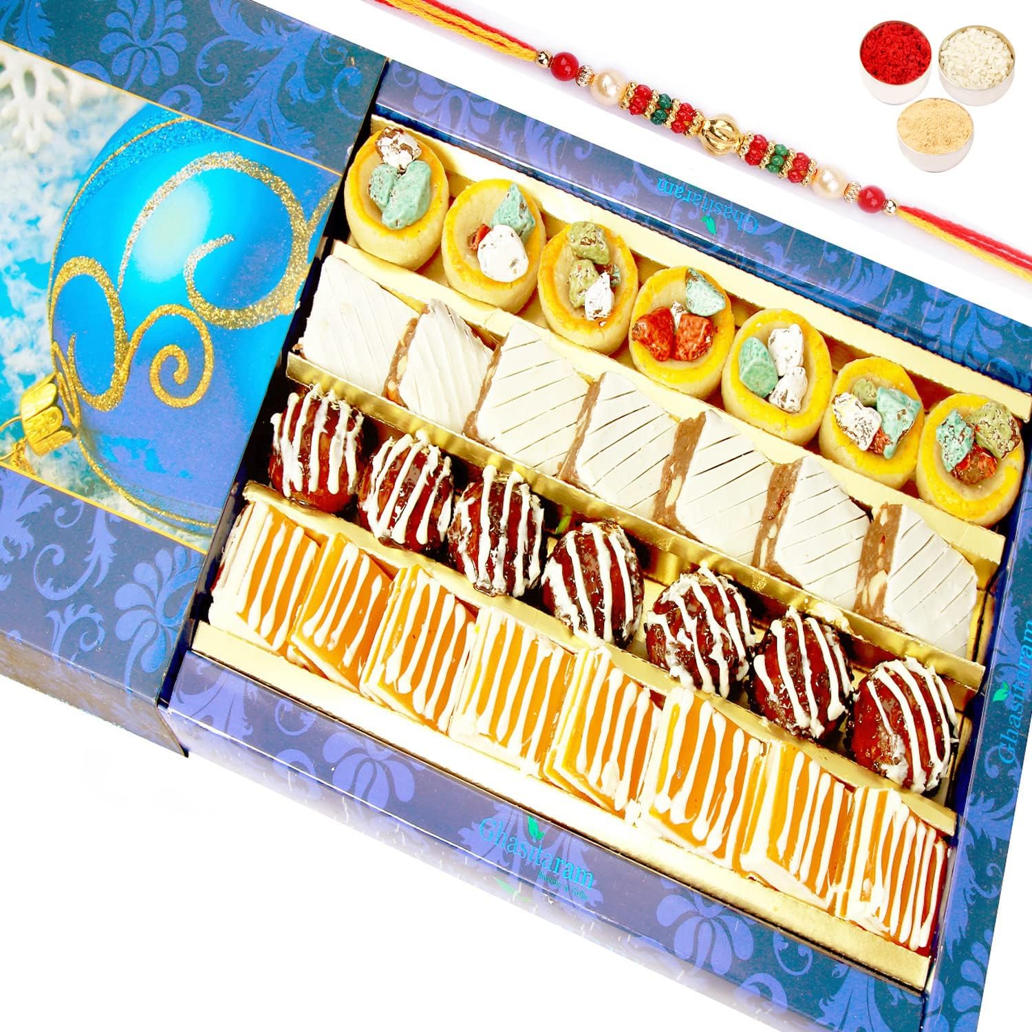 Ghasitaram Gifts Rakhi Gifts for Brothers Rakhi Sweets - Ghasitaram Gifts - Assorted Exotic Cashew Sweets 400 GMS with Beads Rakhi