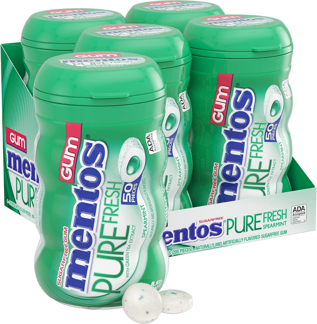 MENTOS Pure Fresh Sugar Free Gum, Spearmint, 50 Piece Bottle, Pack of 4