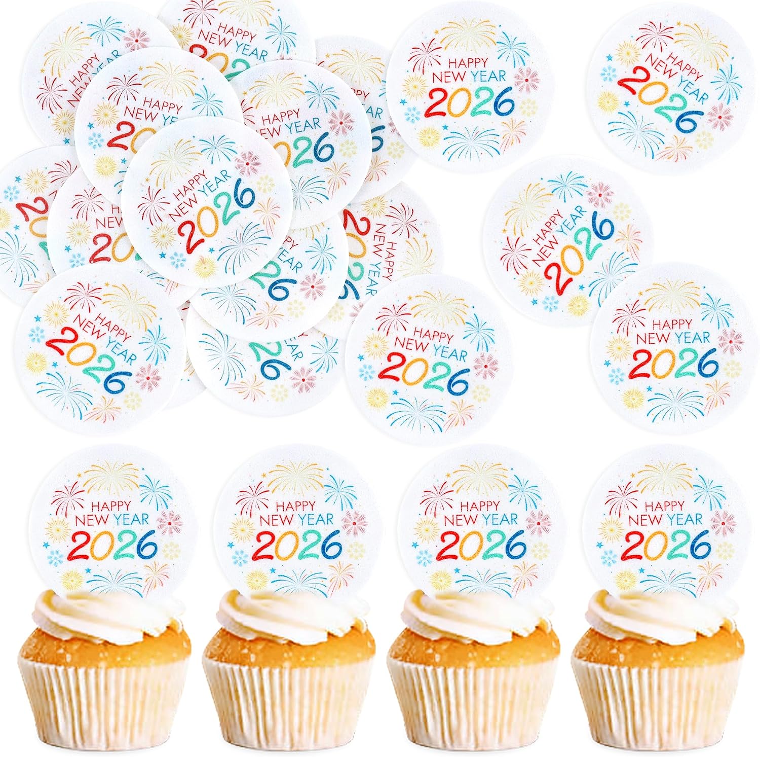 Ercadio 48 PCS Edible Happy New Year 2026 Cupcake Toppers Happy 2026 Cupcake Drink Topper Firework Cake Picks for New Year Eve Party Decor Supplies