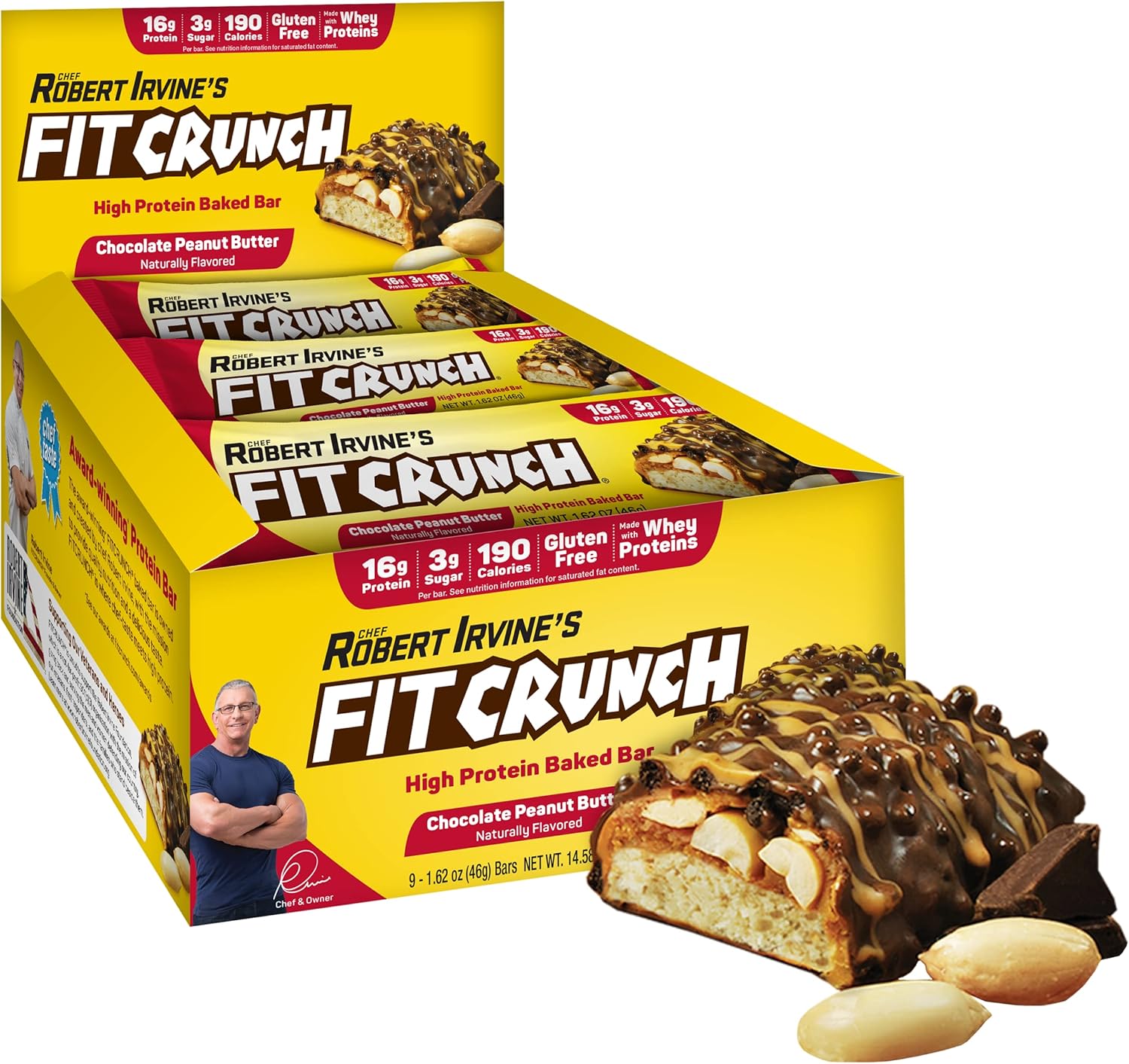 FITCRUNCH Snack Size Protein Bars, 6-Layer Baked Bar, 3g of Sugar, Gluten Free & Soft Cake Core (9 Bars, Chocolate Peanut Butter)