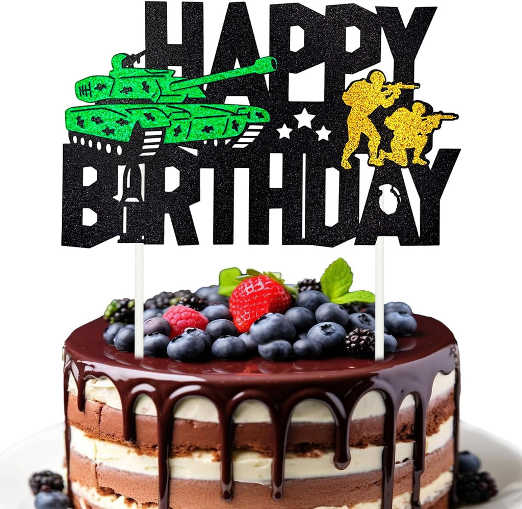 Tank Happy Birthday Cake Topper - Glitter Tank Soldier Cake Decoration for Army Soldier Military Theme Party, Birthday Party Cake Decor Supplies