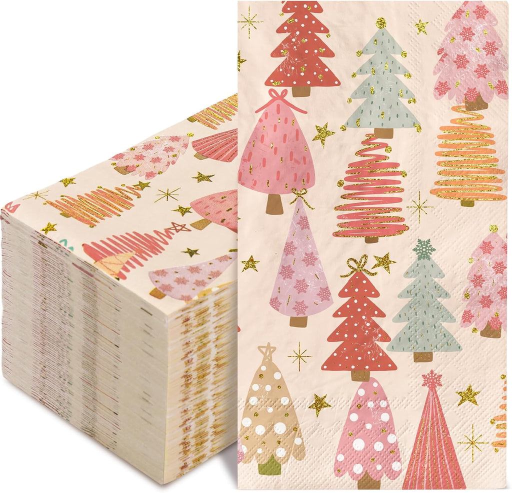 100 Pack Boho Christmas Guest Napkins Pink Xmas Tree Disposable Paper Napkins Forest Dinner Hand Napkin for Home Kitchen Bathroom, 13 x 15.7 Inch
