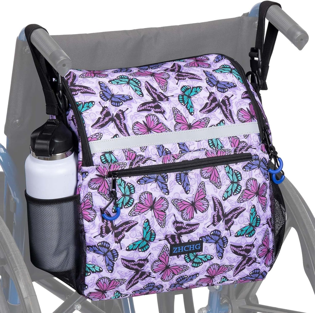 Wheelchair Bags, Wheelchair Backpack with Cup Holder, Wheelchair Bags to Hang on Back, Electric Wheel Chair Accessories, Large Storage Bag for Walker Rollator Purple Butterfly