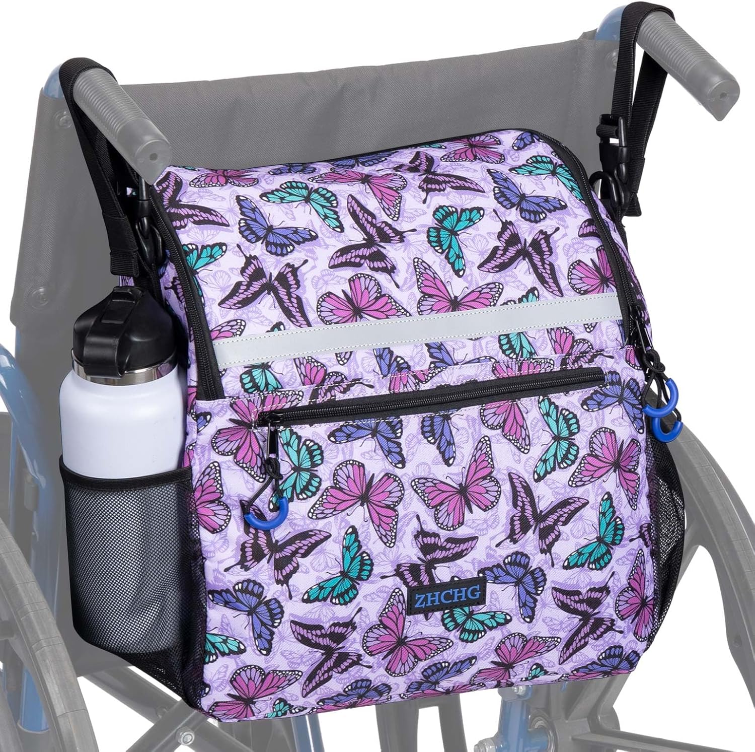 Wheelchair Bags, Wheelchair Backpack with Cup Holder, Wheelchair Bags to Hang on Back, Electric Wheel Chair Accessories, Large Storage Bag for Walker Rollator Purple Butterfly