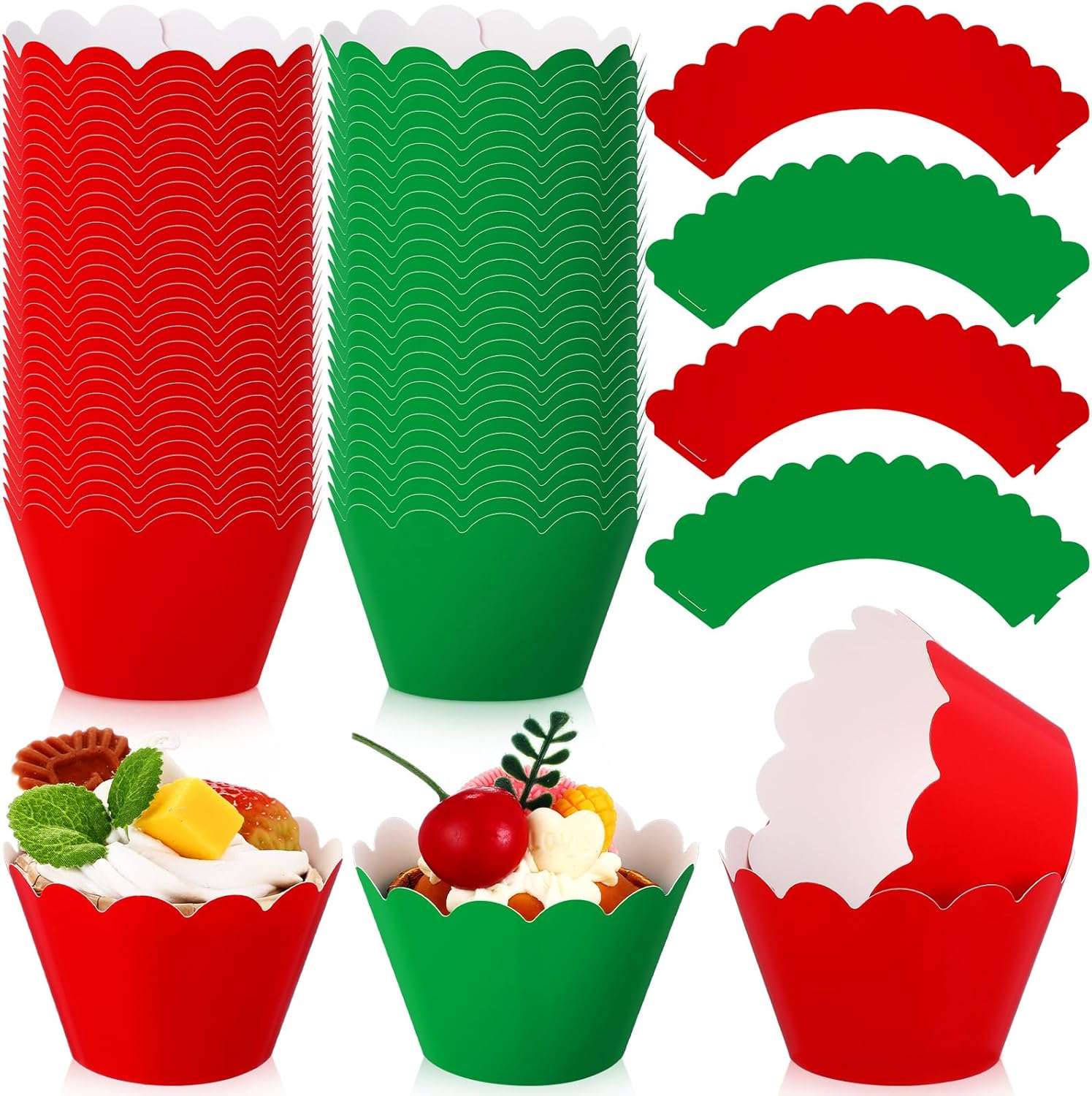 Vesici 100 Pcs Valentine's Day Cupcake Liners Red Cupcake Wrappers Baking Cups Disposable Liners Muffin Paper Wraps for Valentines Wedding Birthday Party Supplies(Red, Green)