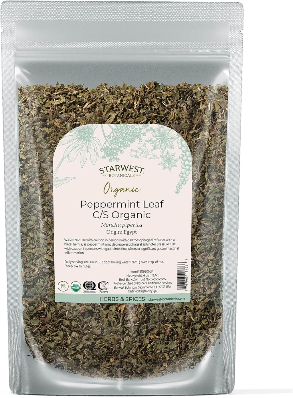 Starwest Botanicals Organic Peppermint Leaves Cut & Sifted - Dried Loose Leaf Herb for Tea, Herbal Blends, Baking, & Cooking, Caffeine Free, Sourced from Egypt, Certified Kosher, Non-GMO - 4 oz Pouch