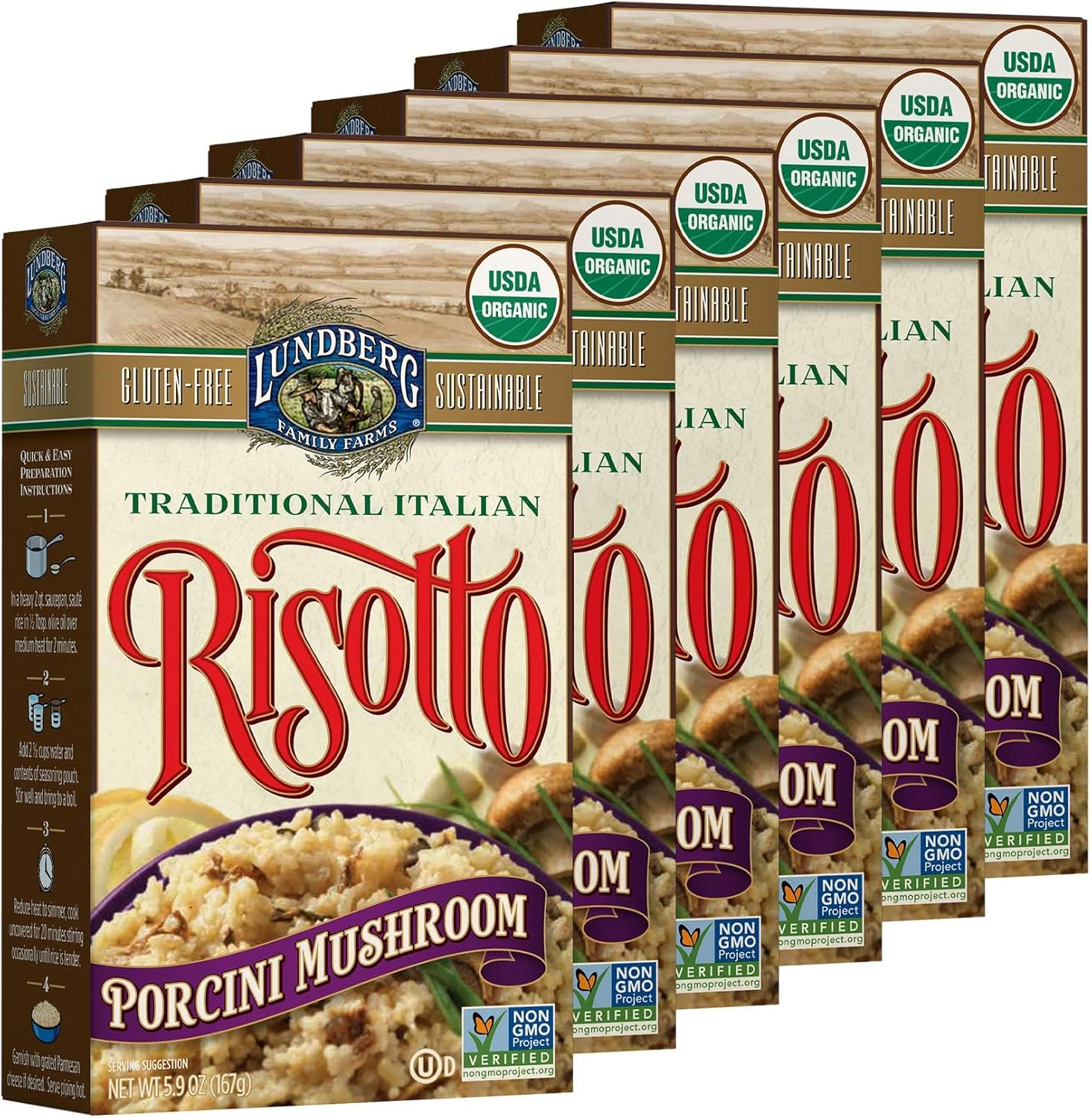 Lundberg Family Farms - Traditional Italian Risotto, Porcini Wild Mushroom, Convenient Side Dish, 20 Minute Cook Time, Pantry Staple, Non-GMO, Gluten-Free, USDA Certified Organic (5.9 oz, 6-Pack)