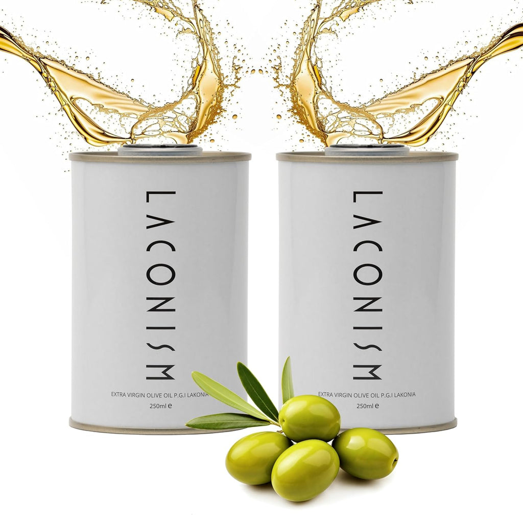 Pack of 2 Extra Virgin Olive Oil Tin, Great Taste Cold Pressed, Intense Flavor, Contains Polyphenols Rich Olive Oil from the Land of Laconia 2X250ml Tin