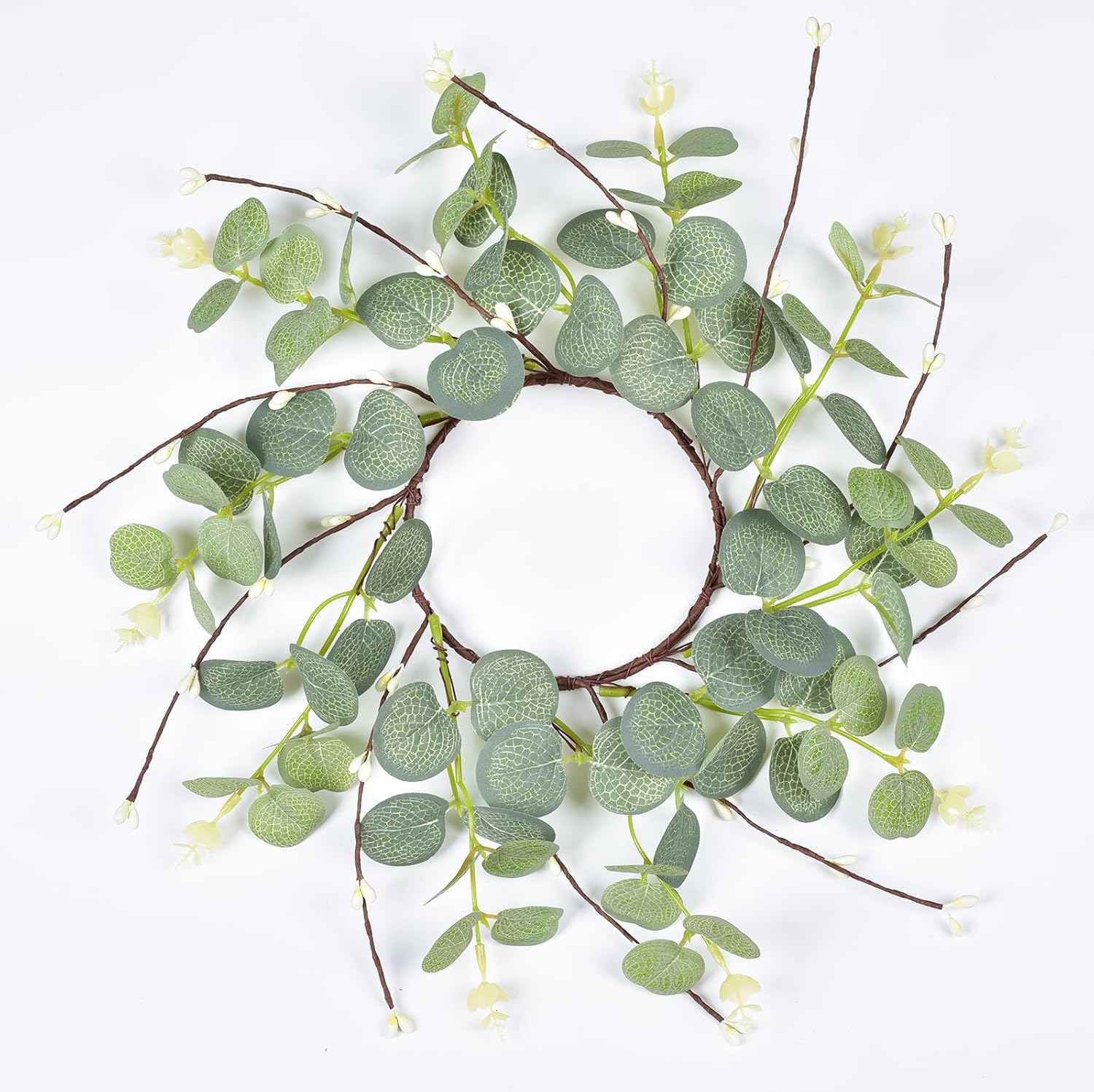 LSKYTOP Artificial Eucalyptus Leave Wreath Faux Kitchen Cabinet Candle Rings Wreath with White Berries for Door Wall Window Decor,9Inch/PC