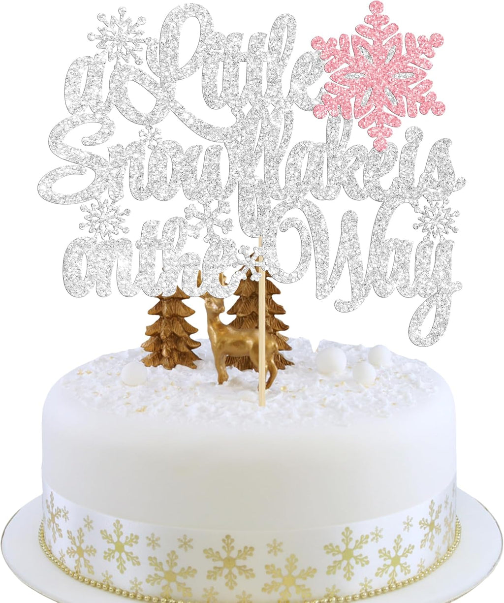 1Pcs A Little Snowflake is on Her Way Cake Topper Pink Snowflake Winter Baby Shower Cake Decoration for Girl Kids Winter Onederland Gender Reveal Party Decorations