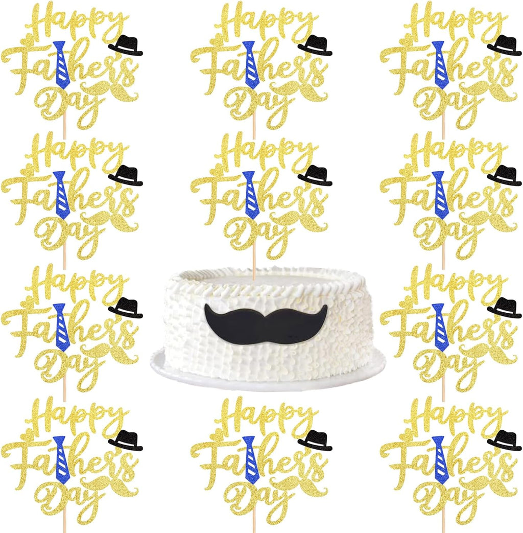10Pcs Happy Father's Day Cake Toppers - Gold Glitter Large Father's Day Cupcake Topper Father Day Theme Party Cake Decoration Dad Cake Toppers Pick with Beard Hat Design for Icing Dessert DIY Supply