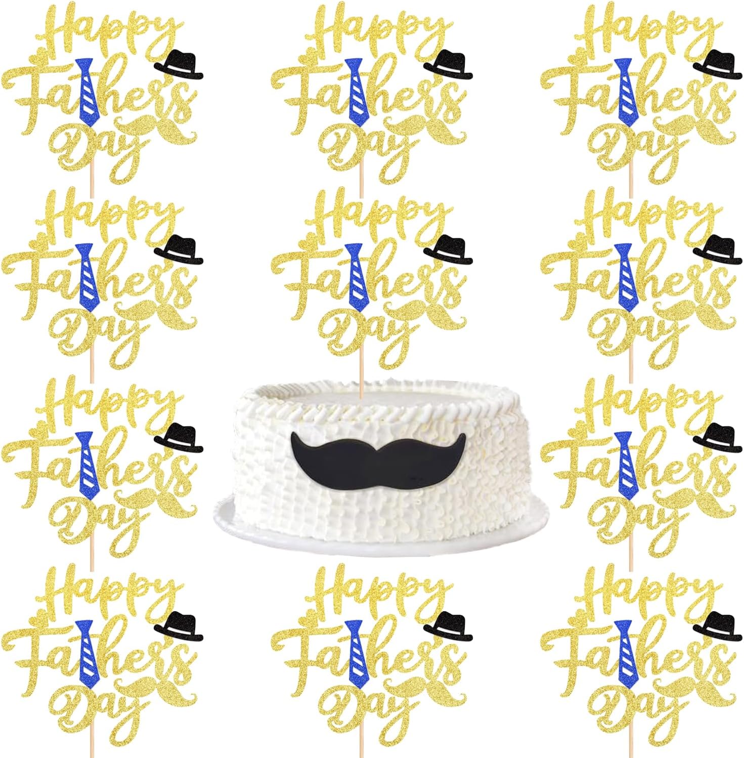 10Pcs Happy Father's Day Cake Toppers - Gold Glitter Large Father's Day Cupcake Topper Father Day Theme Party Cake Decoration Dad Cake Toppers Pick with Beard Hat Design for Icing Dessert DIY Supply