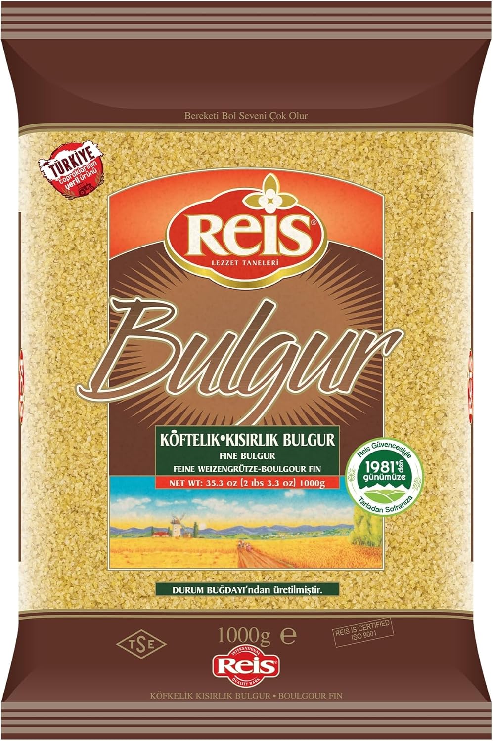Reis Fine Bulgur, Wheat Berries, Bulgur Wheat for Salads, Meatballs & Meals, Turkish Grocery Foods, High Fiber & Protein Cereal, Whole Grain Bag, Non-GMO, Bulk, Vegan, Halal 2.2 Lbs (1000g)