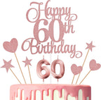 60th Birthday Cake Toppers, 60th Birthday Candles Numeral Candles and Glitter Cake Decorations Toppers Set for Party Supplies (Rose Gold)